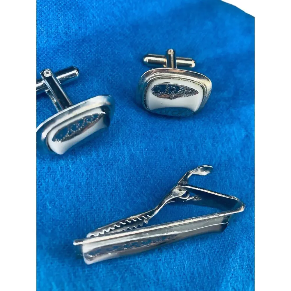 Mens Tie Clip and Pair Cufflinks Set Vintage 1960s Silvertone Gray Stone